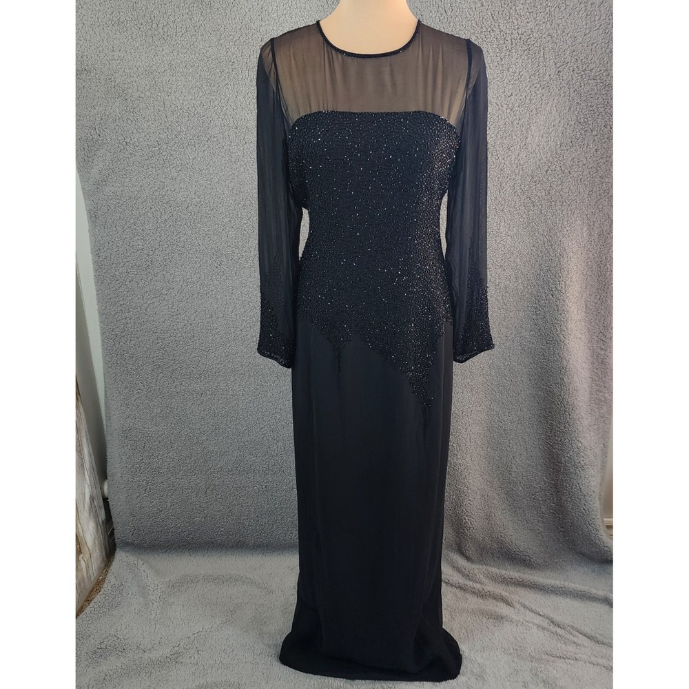 Vtg Bieff Basix Silk Beaded Black Maxi Evening Gown Dress Sz 12 Whimsigoth Party